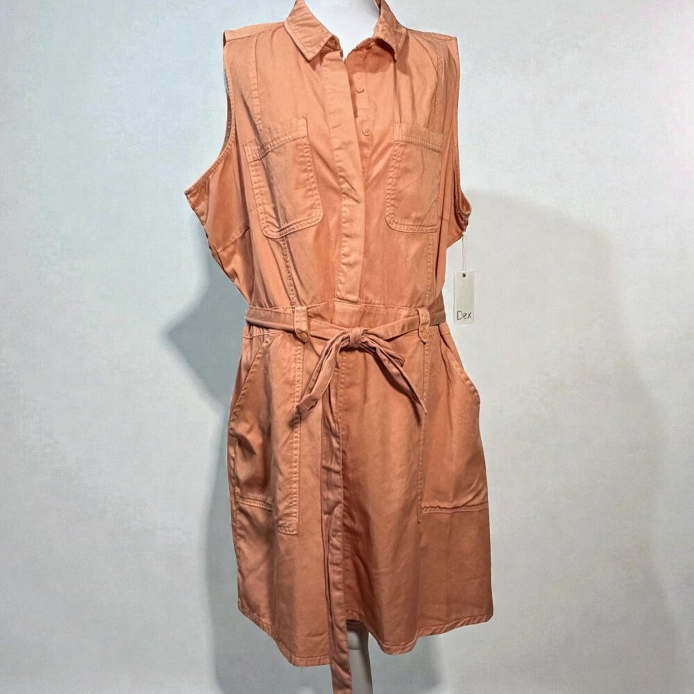 Dex Plus Size 1X Coral Tencel Cotton Utility Shirt Dress Safari Boho Chic Pocket